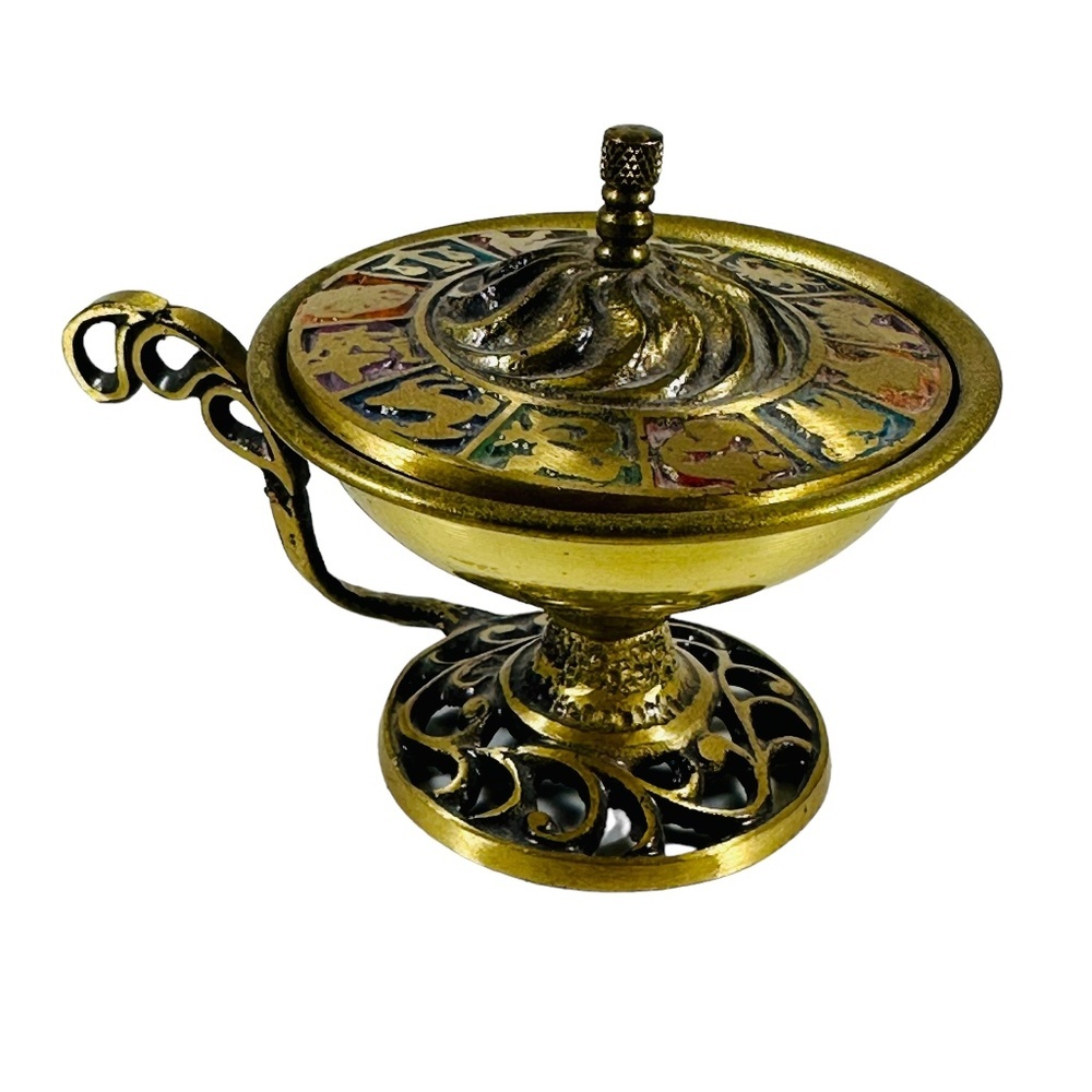 Miniature Brass Zodiac Incense Burner With Enameled Astrological Signs Oppenheim